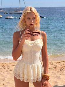 SHEIN Swim Beach Wear Sexy Cute Sequin Elegant Influencer Ruffle Neckline Lace Fabric Three-Layer Hem One-Piece Vacation Swim Dress White Summer - Beige - View 3