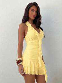 Aloruh Women's Ruffle Halter Neck Asymmetric Design Mini Dress - Light Yellow - View 5