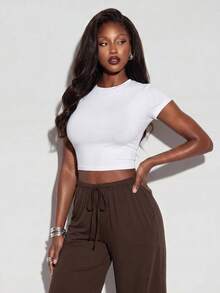 Normani 女款休閒百搭素色寬腿長褲 - 棕色 - 查看 9