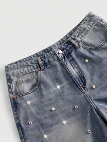 ROMWE MEN Men's Sparkling Diamond Cross Embroidery Pattern Loose Fit Jeans - Blue - View 4