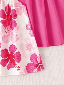 SHEIN Playful Pals 少女 2件/組 波希米亞休閒多彩扶桑花印花蝴蝶結肩帶 A字版型柔軟洋裝，充滿夏日活力與青春氣息，適合外出與夏季度假 - 彩色 - 查看 5