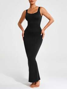 SHAPORA Ladies' Solid Color Slim Fit Sleeveless Bodycon Dress With Back Slit - Black - View 4