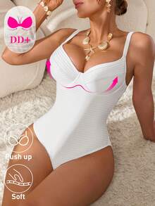 Swim DD+ Maillot de bain une pièce de couleur unie pour femmes, convient pour les vacances à la plage, les fêtes de piscine, les fêtes de plage - Blanc - Voir 1