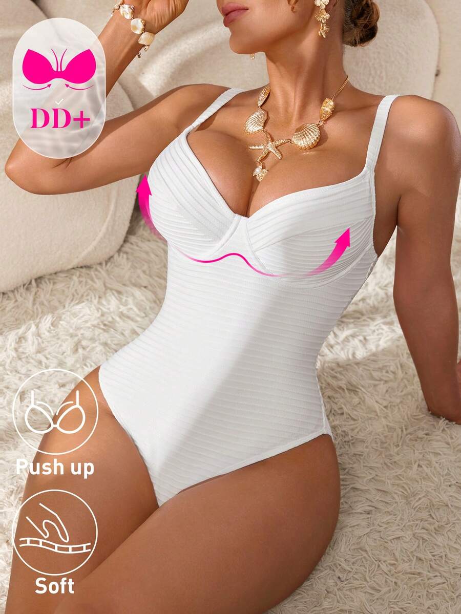 Swim DD+ Maillot de bain une pièce de couleur unie pour femmes, convient pour les vacances à la plage, les fêtes de piscine, les fêtes de plage - Blanc - Voir 1