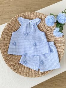 SHEIN Playful Pals 女嬰女童套裝 6個月-3歲 2件/套 夏季優雅華麗女童休閒日常風格寬鬆套裝，無袖荷葉邊花朵印花上衣與花朵印花短褲 - 藍色 - 查看 2