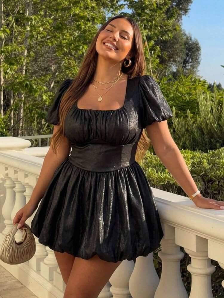 Dazy Plus Spring & Summer Black Fishbone Petal Sleeve Elegant Women Dress,Sweet Girl Valentine's Day Wedding Party Cocktail Festa,Fashionable Fitted Plus Size