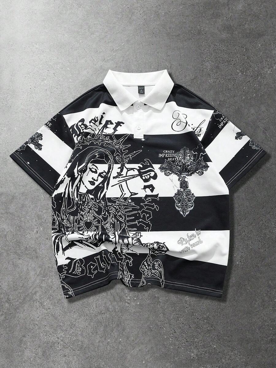 ROMWE MEN Men's Plus Size Striped Letter Print Short Sleeve Casual Polo Shirt - Black and White - View 1