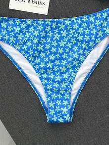 Swim Mod 女款泳衣，青少年女孩，鏤空荷葉邊，花瓣邊飾抹胸，甜美可愛，碎花印花，紋理羅紋面料 - 藍色 - 查看 6