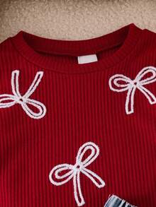 SHEIN Playful Pals 嬰兒/幼童 2件套甜美時尚潮流蝴蝶結毛巾刺繡圓領短袖紅色T恤搭配蝴蝶結裝飾牛仔短褲夏季休閒簡約T恤套裝 - 紅色 - 查看 10