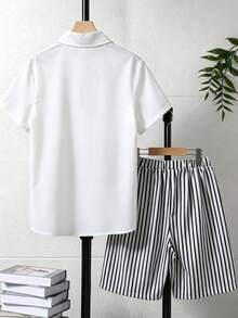 Teen Boy White Short Sleeve Shirt & Striped Shorts Set For Daily Wear, Outdoors, Commuting, Trips, Holidays, Travel, Weddings & Back To School - Black and White - View 3
