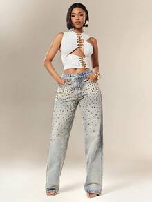 Denimoi Women's Rivet Decor Slant Pocket High Waist Casual Straight Leg Jeans - Medium Wash - View 3