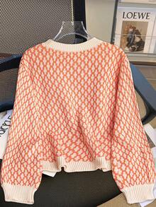 SHEIN Raffinéa Allover Print Contrast Trim Drop Shoulder Sweater,Long Sleeve Tops Knit Pullover Fall Winter Sweater - Orange - View 2