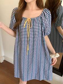 DAZY Vestido de dormir casual diario para mujer con estampado a cuadros y tachuelas, verano - Amarillo - Ver 5