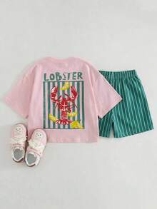 SHEIN LMoss Kids Set Kasual Kaos dan Celana Pendek Motif Garis Huruf untuk Anak Perempuan - Berwarna merah muda - View 7