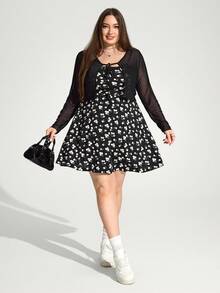 Enliva Jennifer_samantha_style Women's Plus Size Summer Floral Print Dress With Sheer Cardigan, 2pcs Set, For Apple Rounded Body Shape - Black - View 6