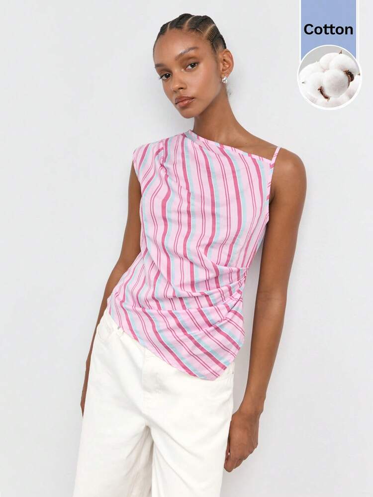 SHEIN Maija Women's Striped Asymmetric Neck Fashion Casual Top,Going Out Outfits,Summer Holiday Outfits