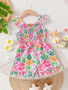 SHEIN Vintaside Kids Young Girl' Colorful Floral Ruffle Sleeve Romper, Children's Ditsy Floral Bow Decor Jumpsuit, Cute & Versatile For Summer - Multicolor - View 5
