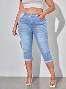 SHEIN Lady Jeans in denim da donna taglie forti con tasche e bottoni, casual e versatili per l'uso quotidiano e le uscite - Lavaggio chiaro - Visualizzare 1