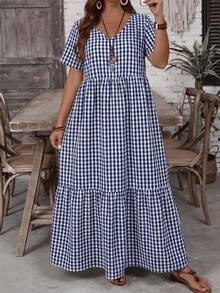 EMERY ROSE Gaun Kasual Musim Panas Wanita Ukuran Besar Motif Gingham Leher V Lengan Pendek dengan Hem Berkerut, Biru dan Putih, Boho, Liburan, Hari Ibu, Pakaian Konser Country Barat - Biru - View 5