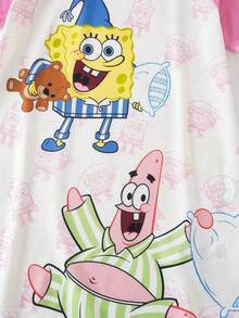 SpongeBob SquarePants | SHEIN Vestido casual de uso diario y para dormir para niña preadolescente, cuello redondo, estampado de dibujos animados, bloques de color - Rosa - Ver 5