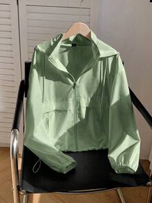 Comfortcana 1pc Solid Color Front Zip-Up Long Sleeve Casual Hooded Sun Protective Lightweight Jacket In Fall/Winter - Olive Green - View 6