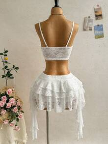 Soleia Women's Summer Elegant Solid Color Lace Twist Strap Skirt Two Pieces Set - White - View 2