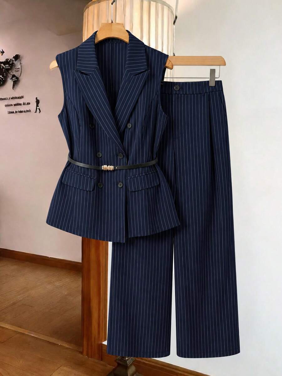 SHEIN Clasi 女款春夏優雅休閒海軍藍細條紋無袖雙排扣翻領西裝套裝 - 藏蓝色 - 查看 1