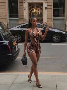 SHEIN SXY Halter Neck Leopard Print Backless Jumpsuit Club Night Brown Summer Going Out Country Sexy Wrap - Multicolor - View 8