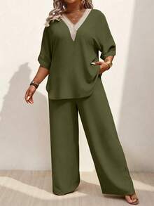 EMERY ROSE Summer Women's Olive Green Solid Guipure Lace Mesh Sleeve Top And Pants Two Piece Set,Boho Vacation Linen Outfit, Al-Adha Casual Coords - Green - View 5