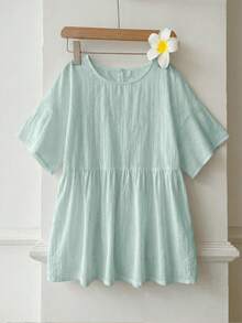 SHEIN EZwear 100%純棉淺綠色亞麻編織女款襯衫，夏季上衣，適合日常通勤、約會、聚會，秋冬春夏，聖誕節、新年、感恩節、派對、婚禮、海灘、畢業、時尚、優雅、休閒、外出、約會、預約、通勤、亮麗、情人節、優雅、度假 - 綠色 - 查看 3