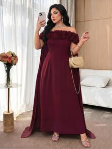 Modelyn Plus Size Women Off Shoulder Floral Decor Elegant Formal Elegant Waist Cinched Party Formal Dinner Formal Formal Evening Wedding Dress Burgundy Summer - Burgundy - View 3