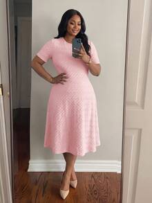 SHEIN Lady Plus Size Women's Textured Fashion Elegant Round Neck Short Sleeve Dress Evening Pink Summer - Pink - View 6