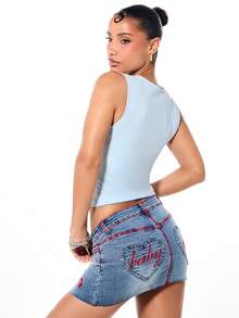 BABYPHAT Notch Neck Tank Top With Rhinestone Text Sparkle Embellishment Sleeveless Casual Summer Women's Fashion Cropped Fitted Top - Baby Blue - View 2