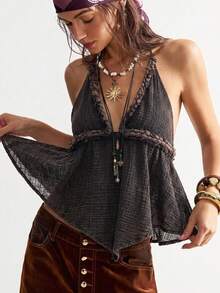 Bohemela Casual Boho Solid Color Woven Halter Neck Blouse For Women Vacation Charcoal Gray Summer - Black - View 5