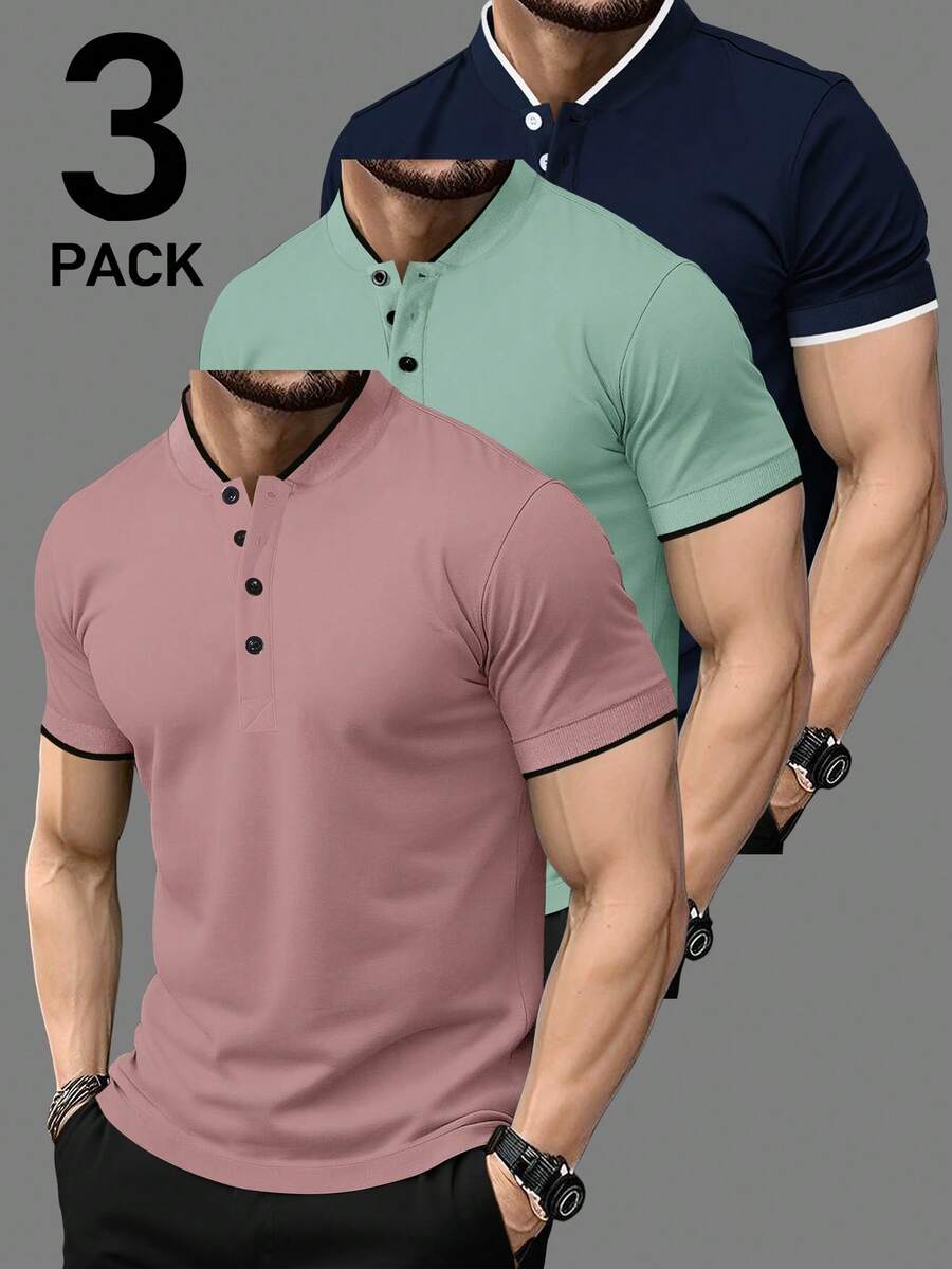 Manfinity Homme 男士短袖半鈕扣素色滾邊 Polo 衫套裝,儀式用 - 彩色 - 查看 1