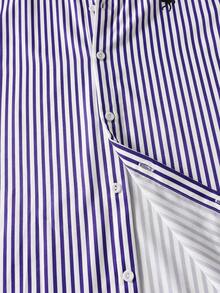 Teen Boys Striped Short Sleeve Shirt & White Shorts With Knight Print For Commute, Beach, Campus & Back To School - Blue - View 6