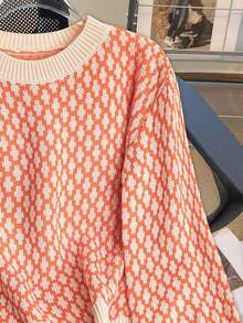 SHEIN Raffinéa Allover Print Contrast Trim Drop Shoulder Sweater,Long Sleeve Tops Knit Pullover Fall Winter Sweater - Orange - View 5
