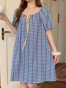 DAZY Vestido de dormir casual diario para mujer con estampado a cuadros y tachuelas, verano - Amarillo - Ver 9