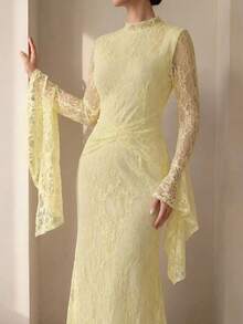 Graceveil Solid Light Yellow Full Lace Bodycon Mermaid Long Dress For Women, Flared Bell Long Sleeves With Drape Cuff Ruched Waist Wedding Guest Formal Gown - Yellow - View 2