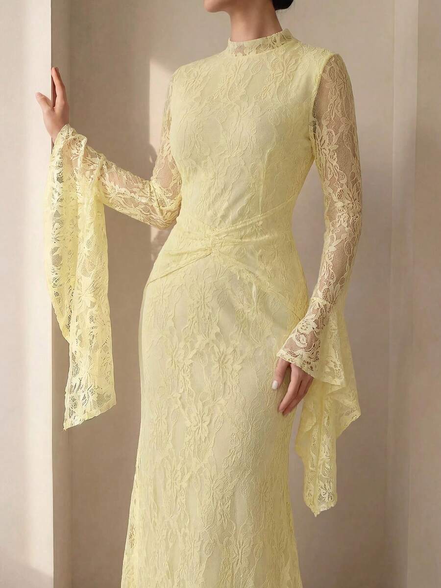 Graceveil Solid Light Yellow Full Lace Bodycon Mermaid Long Dress For Women,  Flared Bell Long Sleeves With Drape Cuff Ruched Waist Wedding Guest Formal Gown