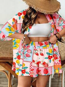 SHEIN VCAY Casual Simple Retro Leaf Pattern Loose Plus Size 2 Pieces Set Suitable For Summer Tropical Vacation  Vacation Beach - Multicolor - View 1