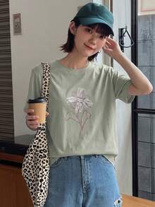 DAZY 夏季新款海灘度假寬鬆休閒花卉印花女款T恤圖案上衣 - 綠色 - 查看 4