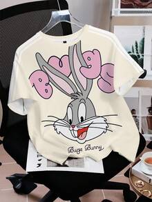 LOONEY TUNES X SHEIN 女款圓領卡通印花休閒街頭風可愛百搭日常夜店出遊T恤 彩虹 夏季 校園 米色 - 白色 - 查看 3