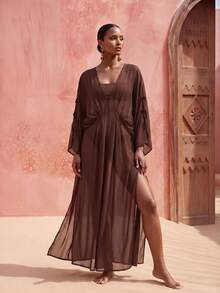 Zivah Women's Solid Color V-Neck Split Design Casual Vacation Travel Cover-Up Dress - Brown - View 6