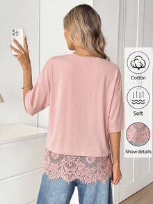 Easowa Dusty Pink Short Sleeve Round Neck Lace Hem Loose T-Shirt For Women Summer Top Everyday Casual - Watermelon Pink - View 5