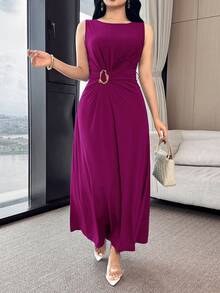 Feyla Waist Pleated Metal Buckle Waist-Defining Elegant Elegant Party Commute Versatile Dress - Red Violet - View 1