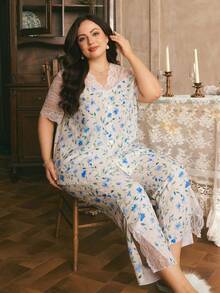 Côtesoire Elegant Romantic Floral Pattern Lace Hollow Out Plus Size Pajama Set - Multicolor - View 4