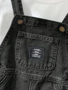 SHEIN 男嬰字母印花休閒百搭牛仔吊帶褲 - 黑色 - 查看 4