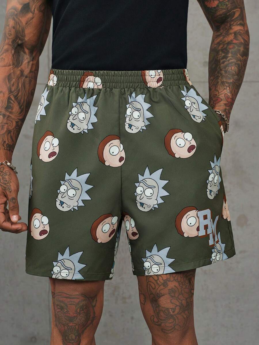 Rick and Morty X SHEIN شورت رجالي بطبعة كرتونية مع جيوب - أخضر داكن - مشاهدة 1