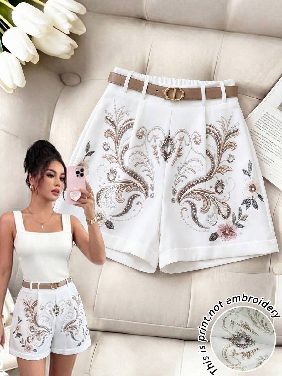 Selianne Women's Elegant Romantic Printed Shorts For Summer Commute Brunch White - Multicolor - View 1